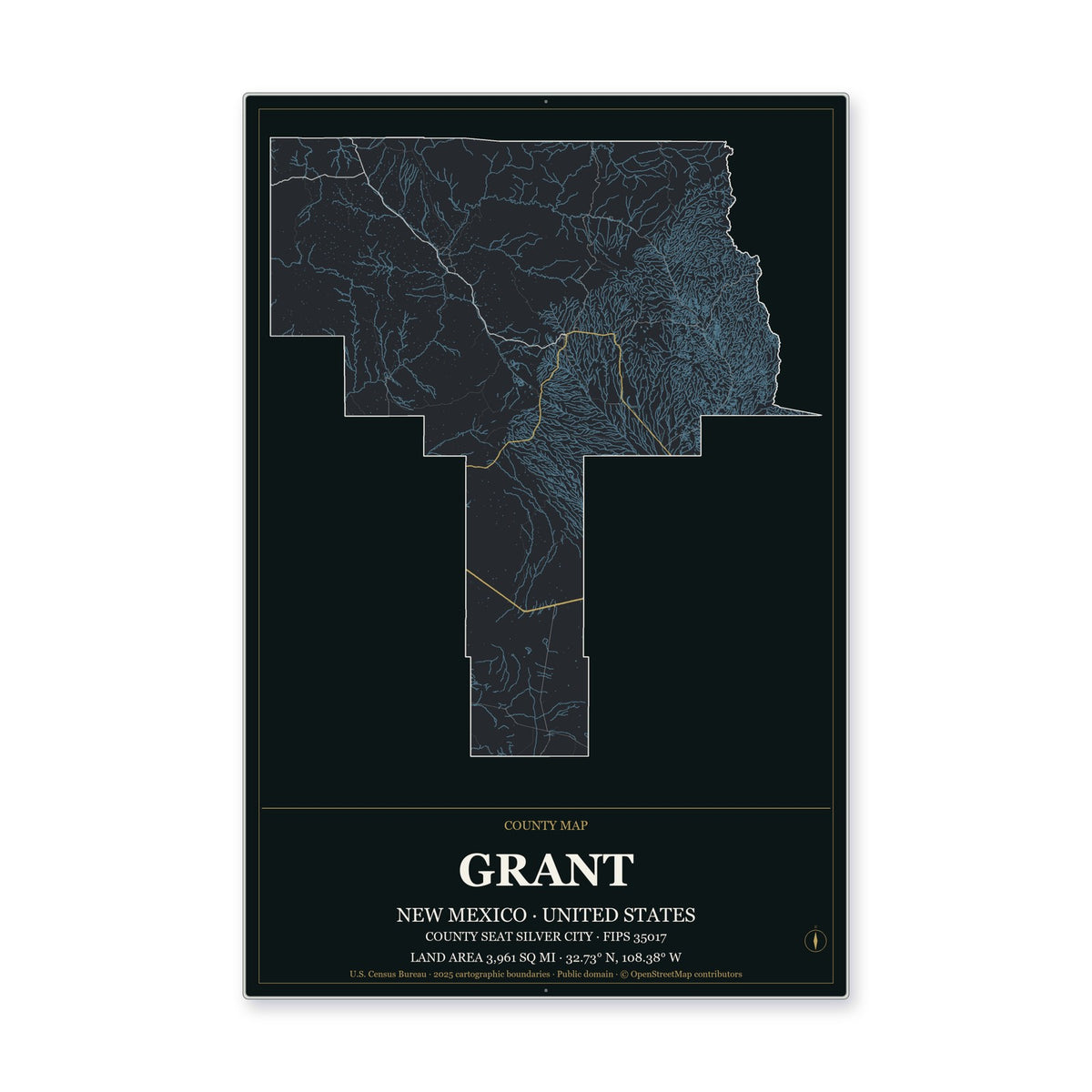 Grant County, New Mexico Map Aluminum Sign in Metropolitan Noir style