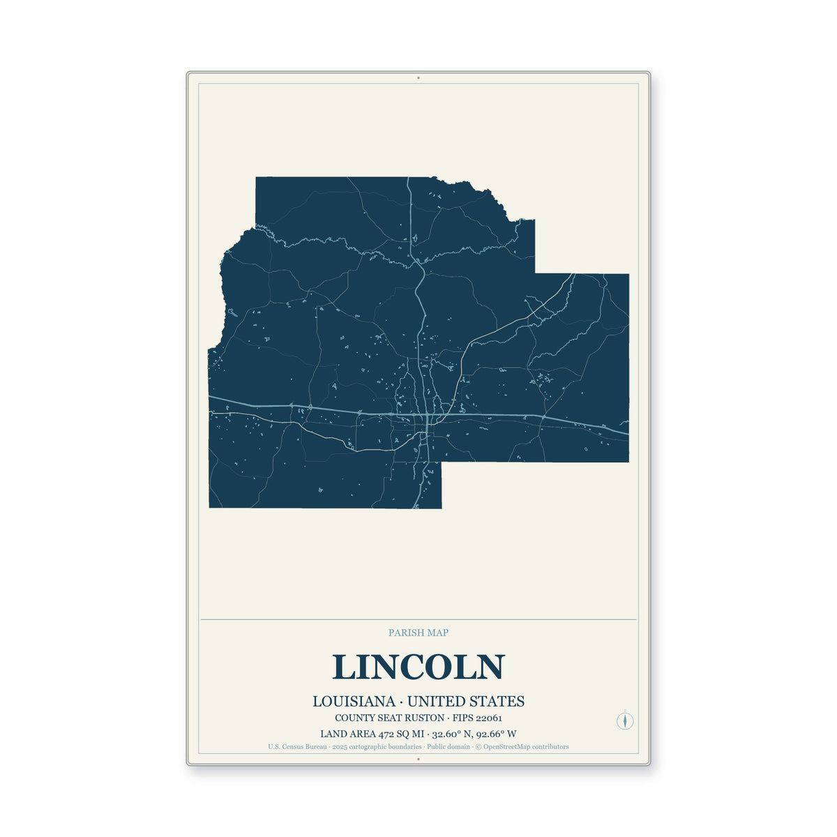 Lincoln Parish, Louisiana Map Aluminum Sign in Coastal Cutout style