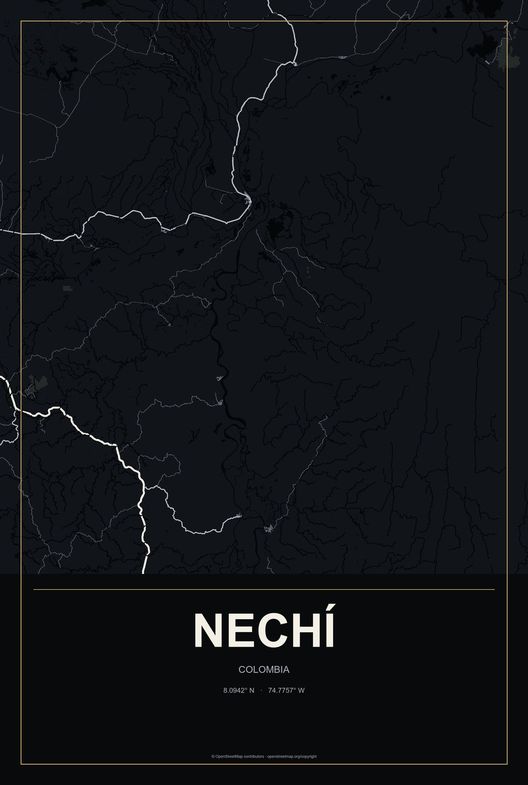 Nechí, Colombia City Map Aluminum Sign in Metropolitan Noir style