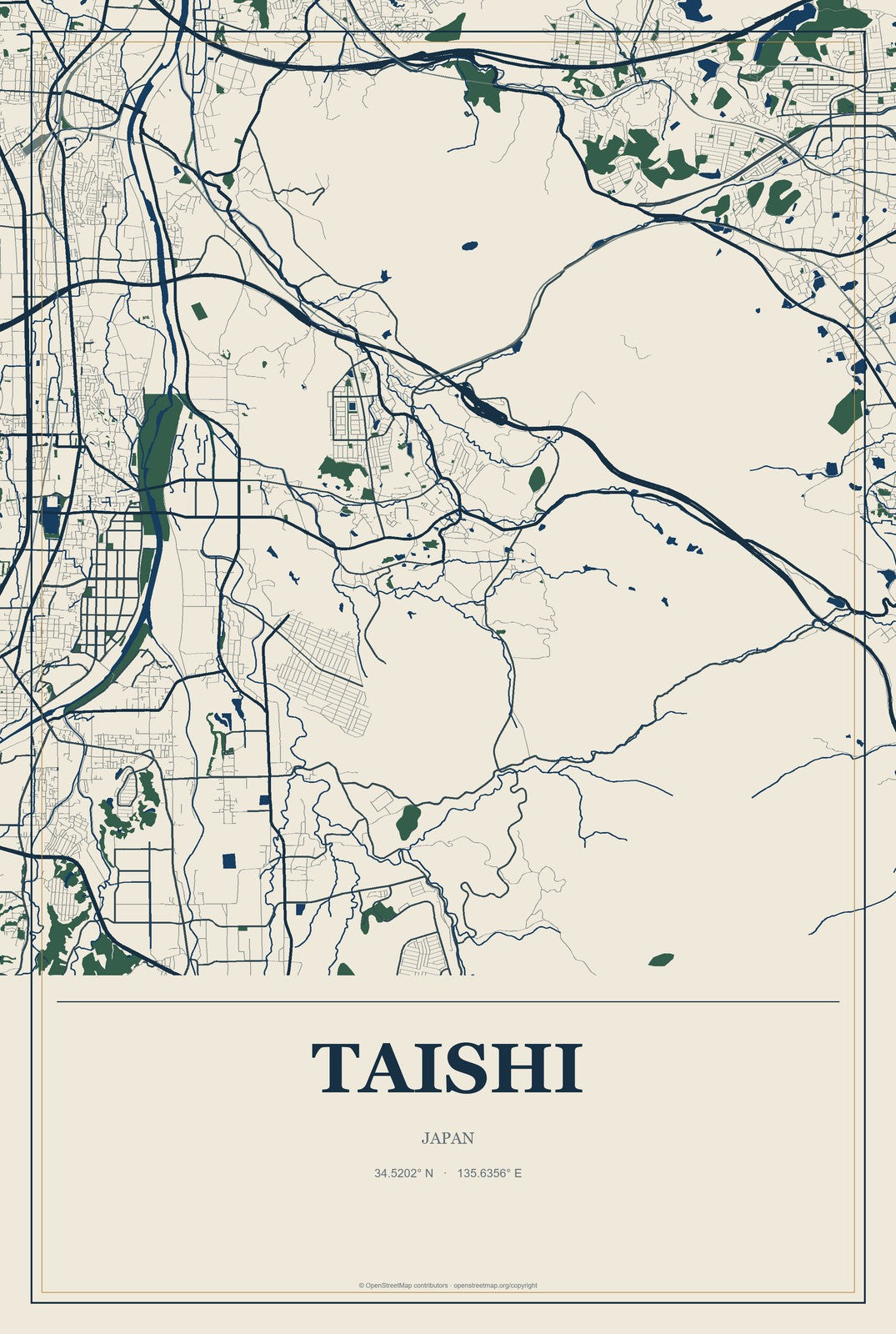 Taishi, Japan City Map Aluminum Sign in Coastal Cutout style