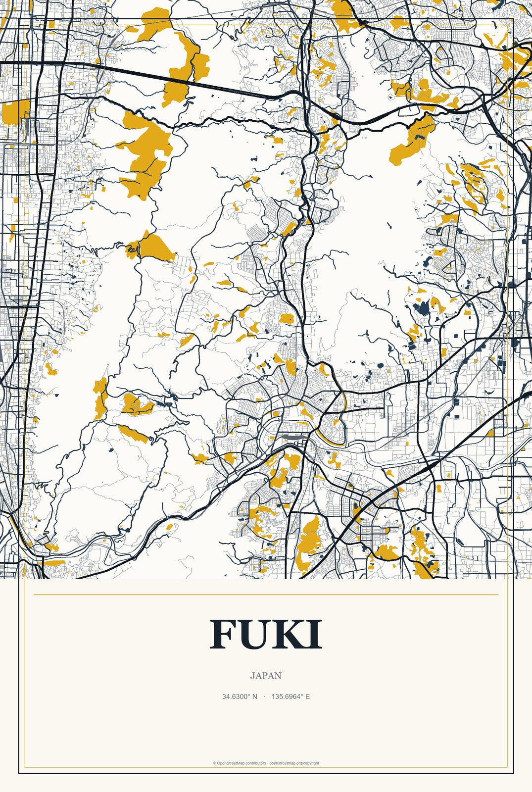 Fuki, Japan City Map Aluminum Sign in Citrine Modern style
