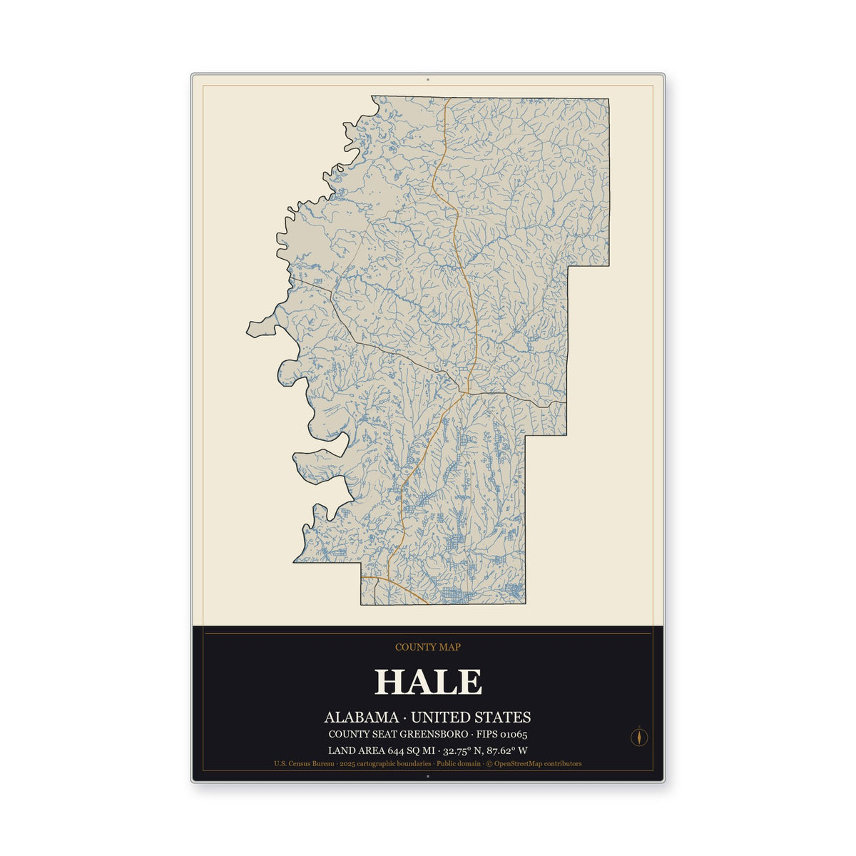 Hale County, Alabama Map Aluminum Sign in Museum Plaque style
