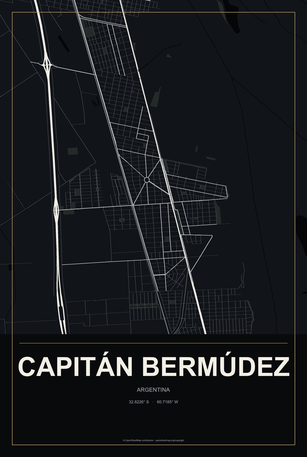 Capitán Bermúdez, Argentina City Map Aluminum Sign in Metropolitan Noir style