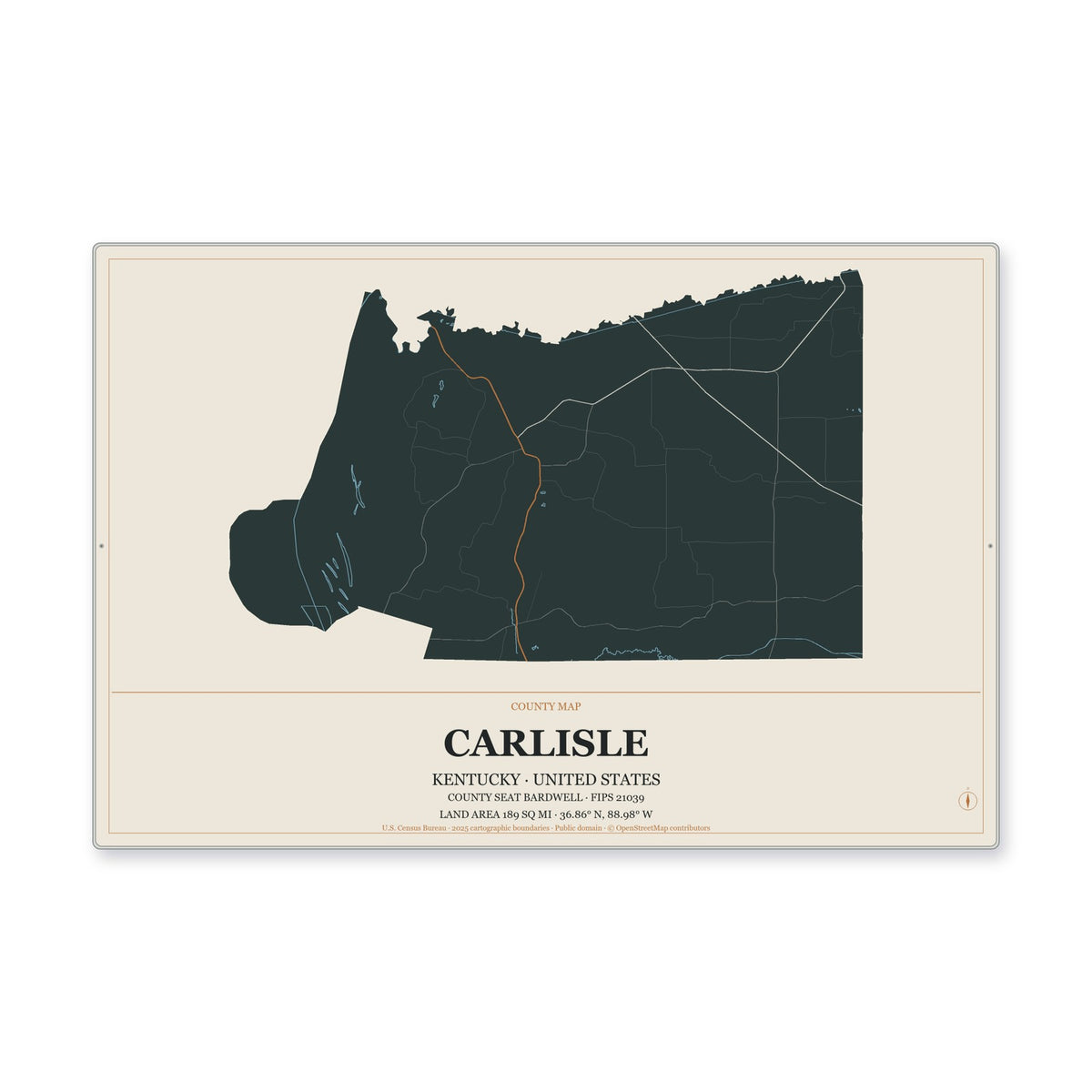 Carlisle County, Kentucky Map Aluminum Sign in Headline Atlas style