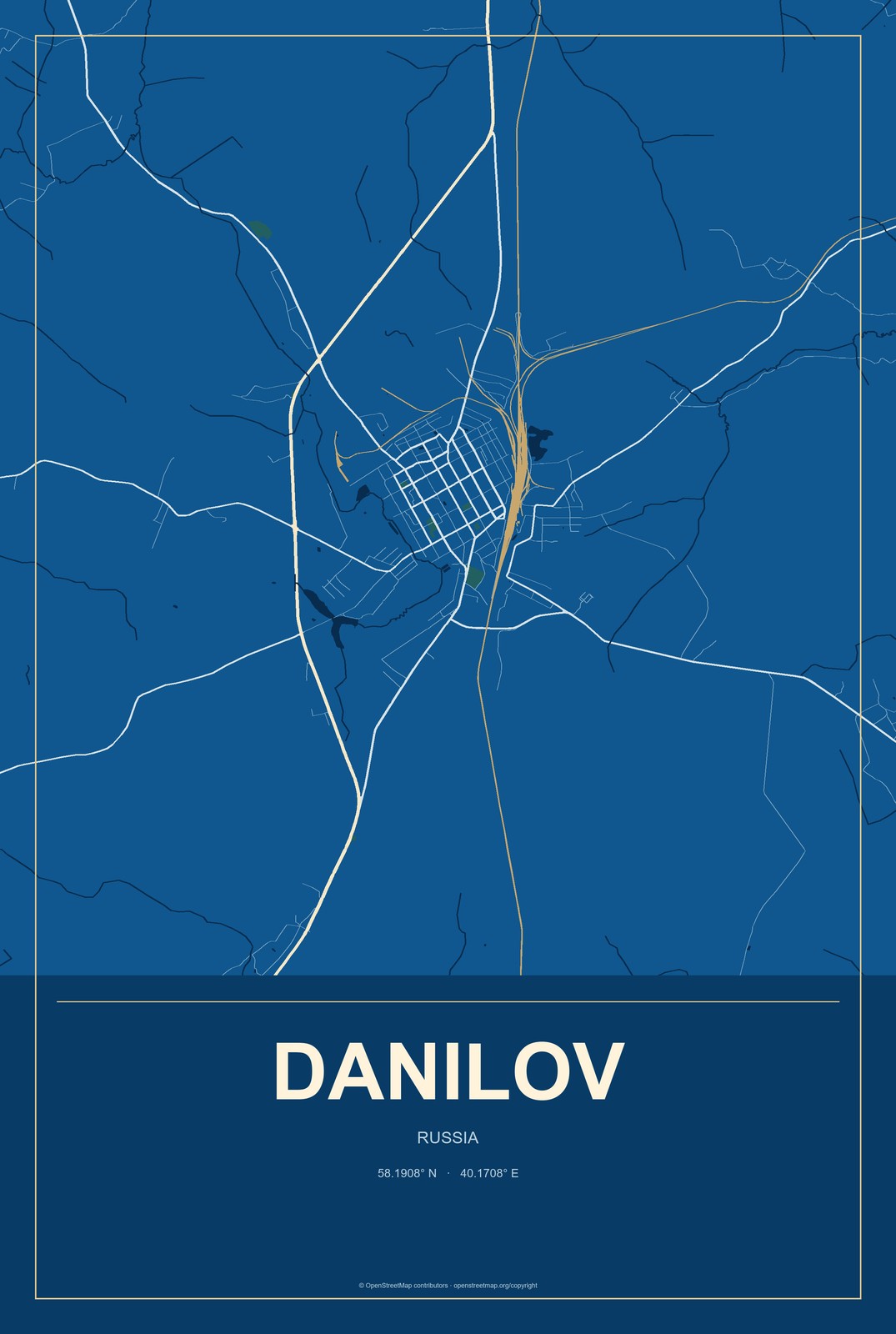 Danilov, Russia City Map Aluminum Sign in Harbor Cobalt style