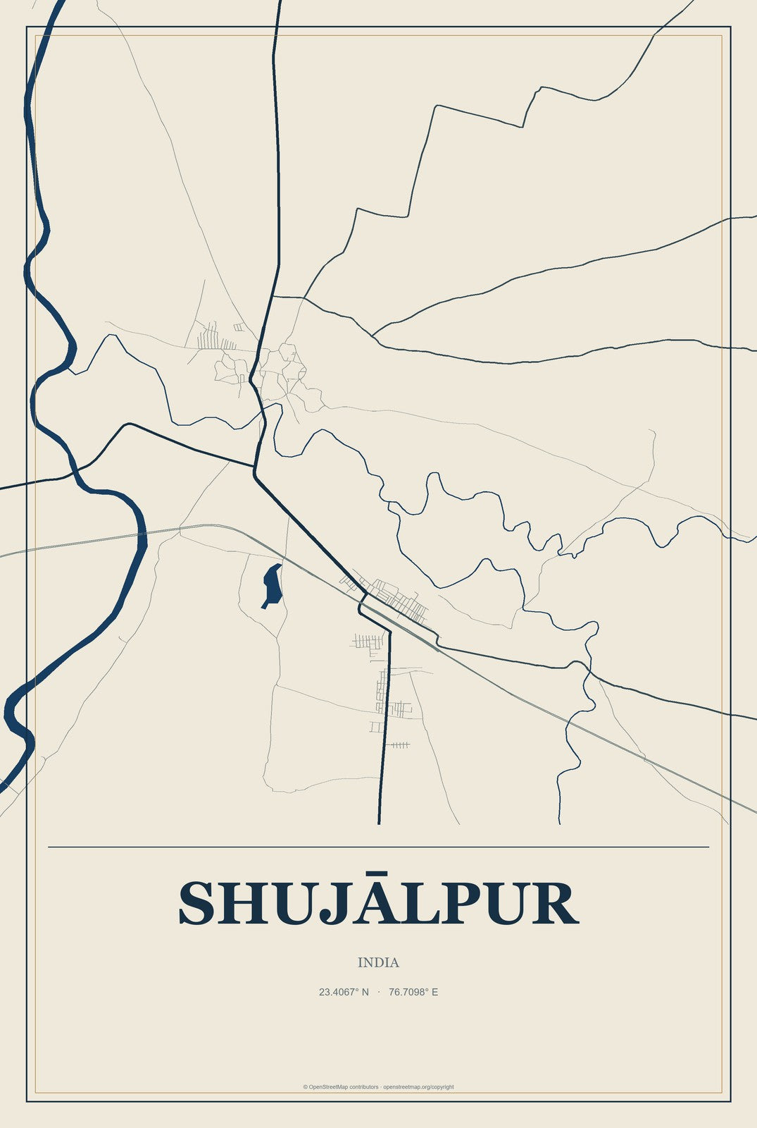 Shujālpur, India City Map Aluminum Sign in Coastal Cutout style