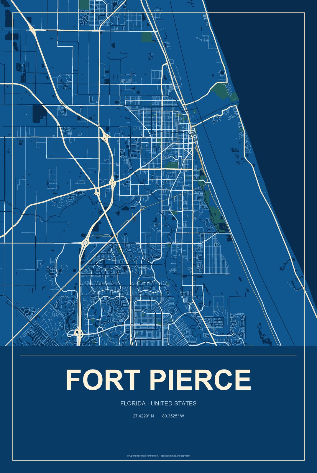 Fort Pierce, Florida City Map Aluminum Sign in Harbor Cobalt style