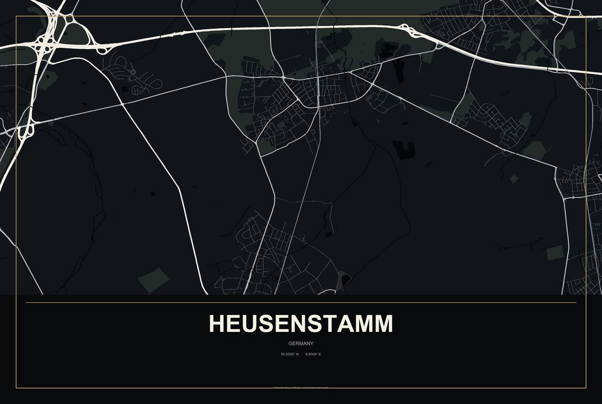 Heusenstamm, Germany City Map Aluminum Sign in Metropolitan Noir style