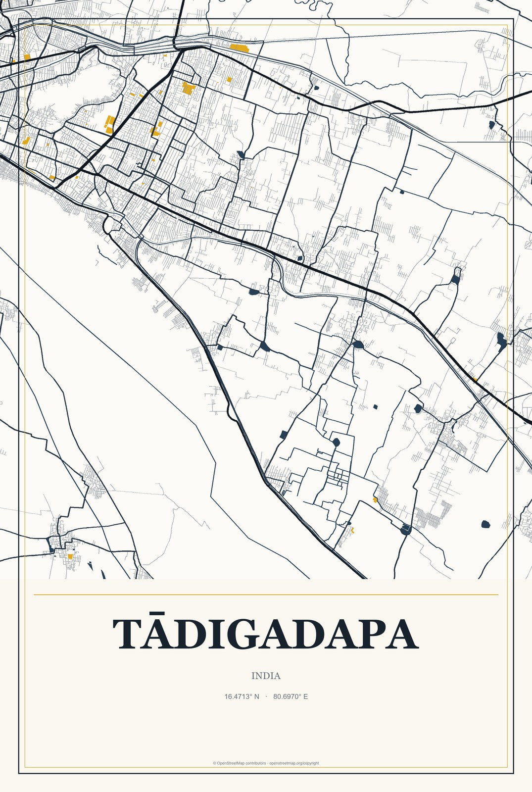 Tādigadapa, India City Map Aluminum Sign in Citrine Modern style