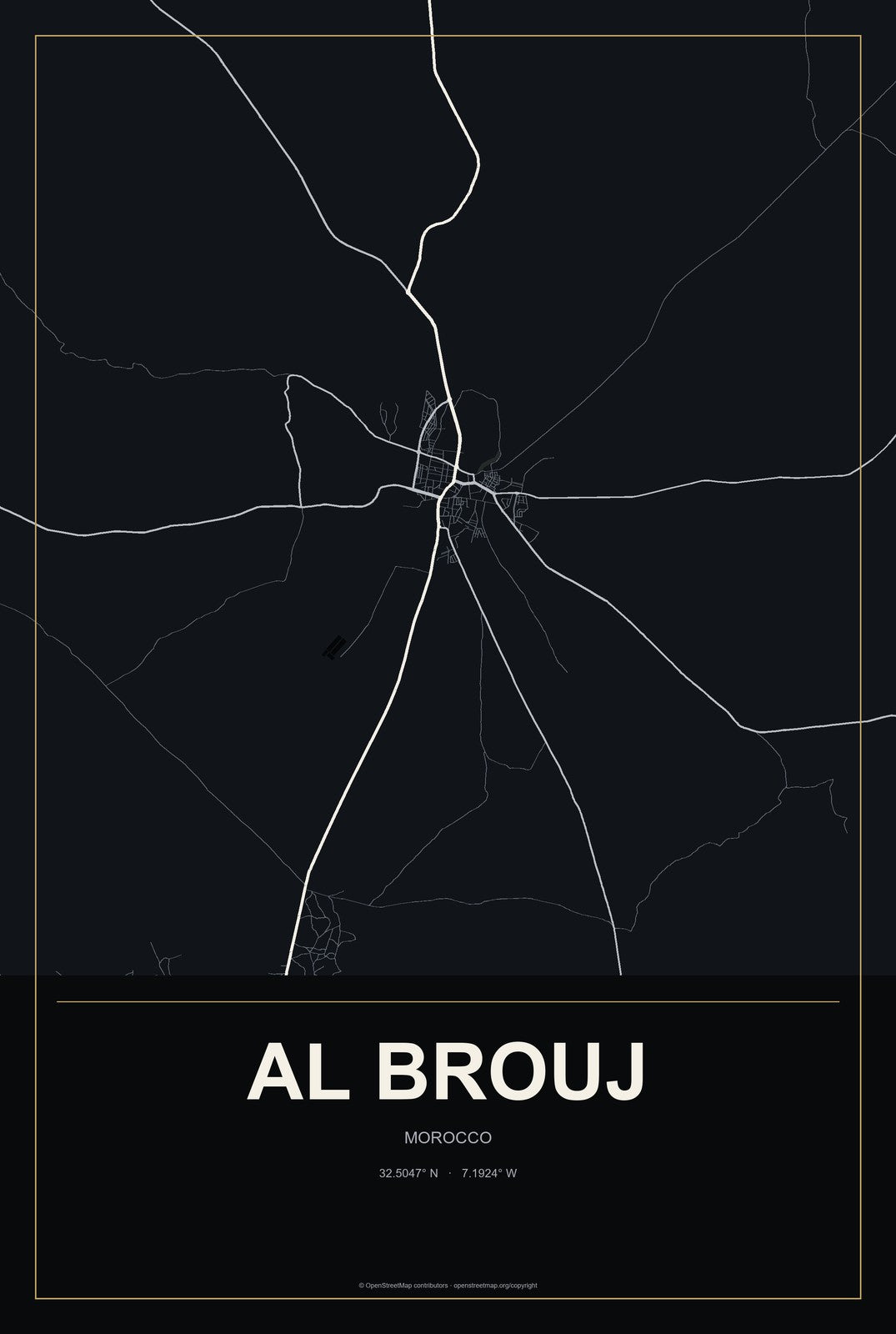 Al Brouj, Morocco City Map Aluminum Sign in Metropolitan Noir style