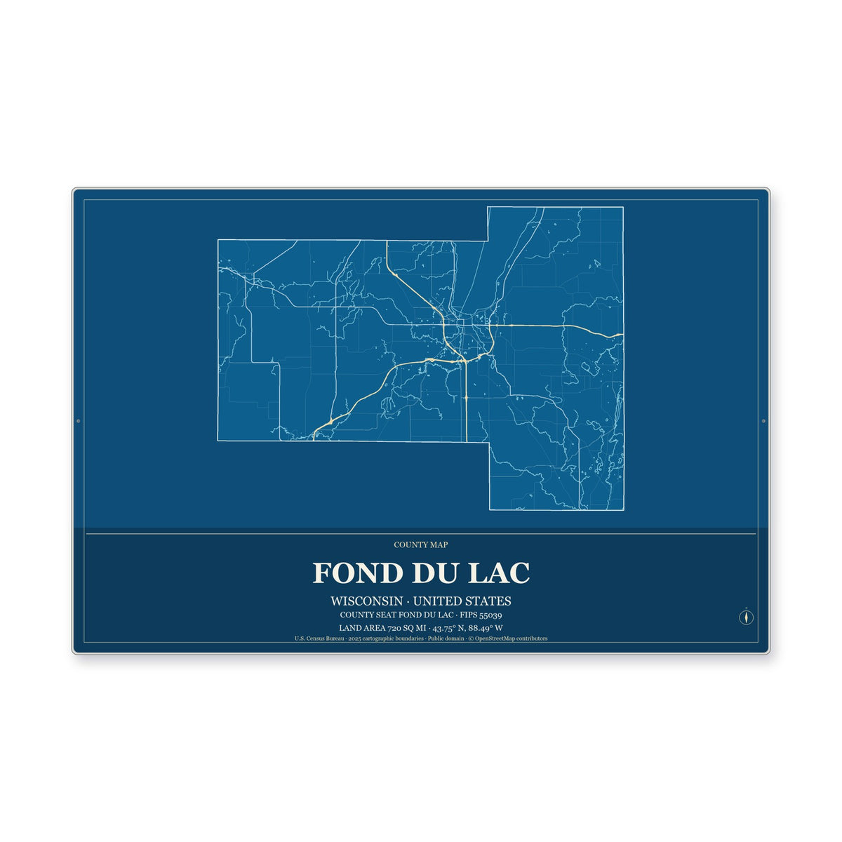 Fond du Lac County, Wisconsin Map Aluminum Sign in Harbor Cobalt style