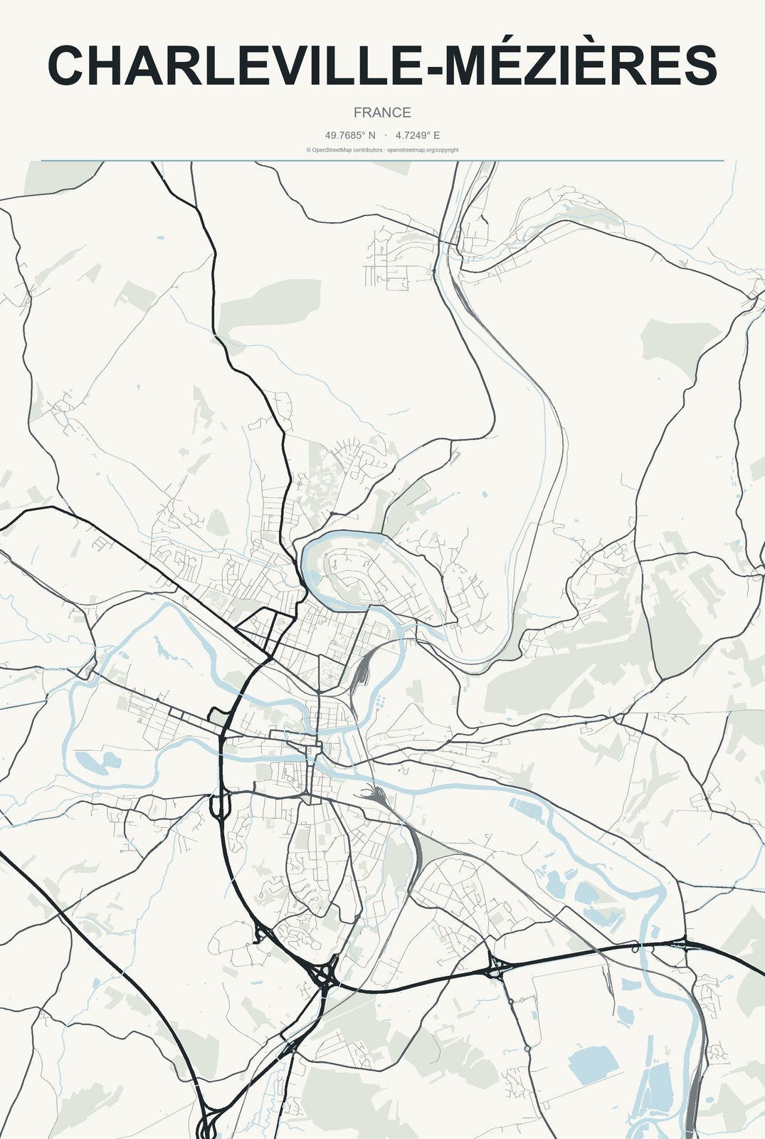 Charleville-Mézières, France City Map Aluminum Sign in Headline Atlas style