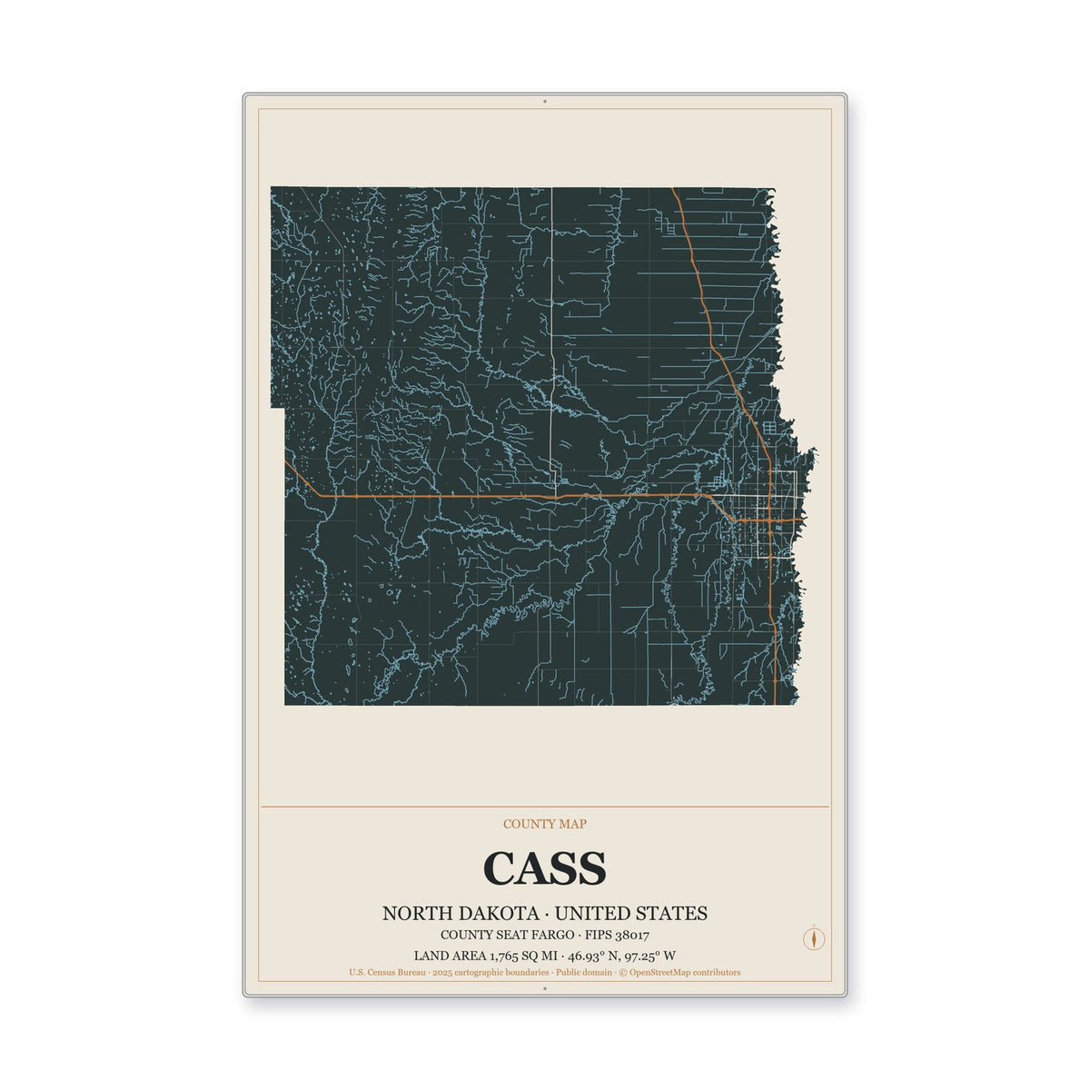 Cass County, North Dakota Map Aluminum Sign in Headline Atlas style