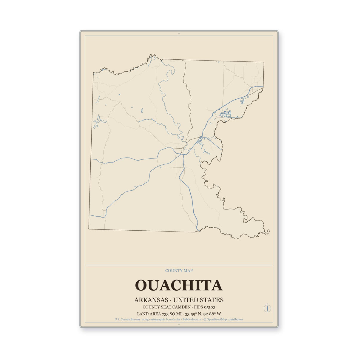 Ouachita County, Arkansas Map Aluminum Sign in Heritage Nautical style