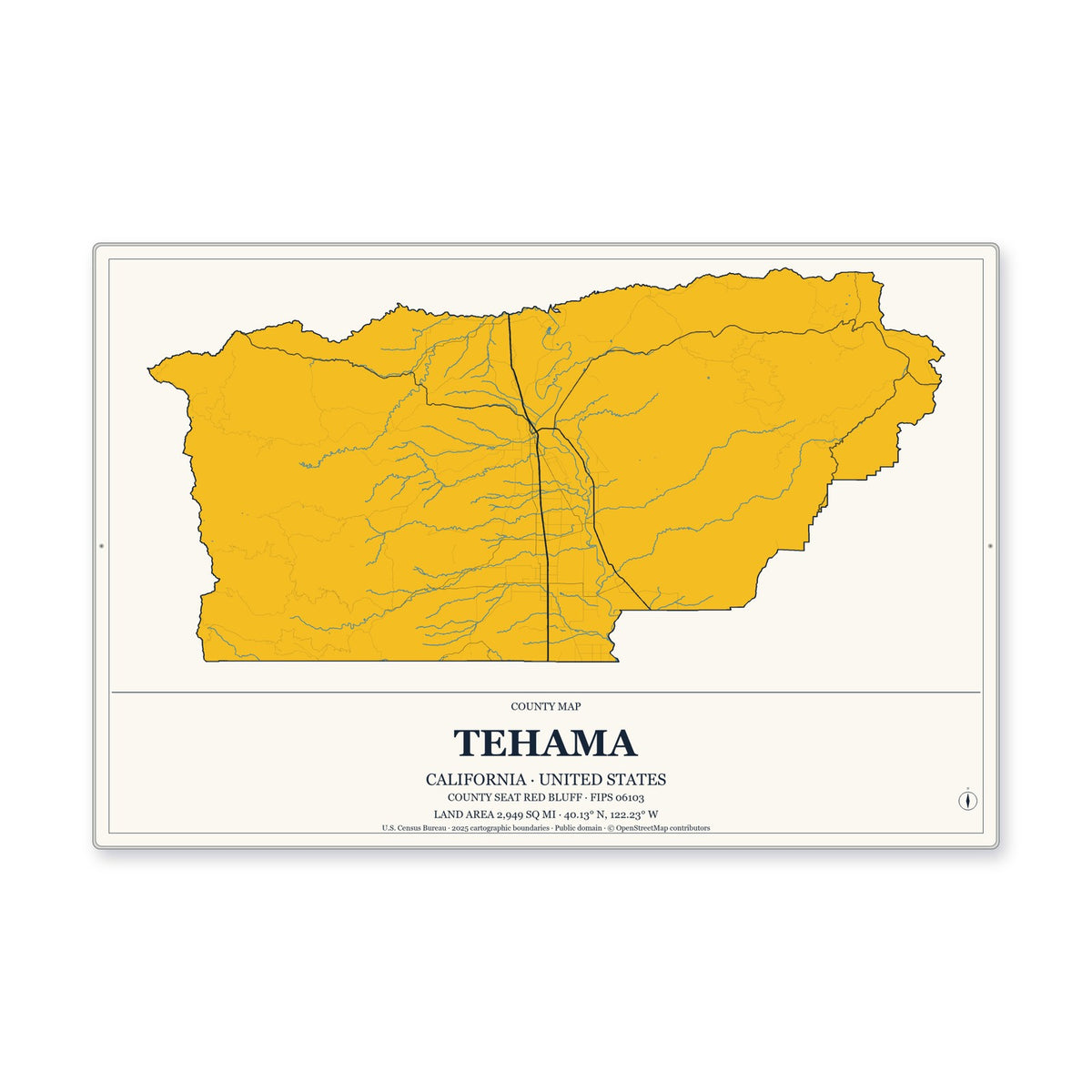 Tehama County, California Map Aluminum Sign in Citrine Modern style