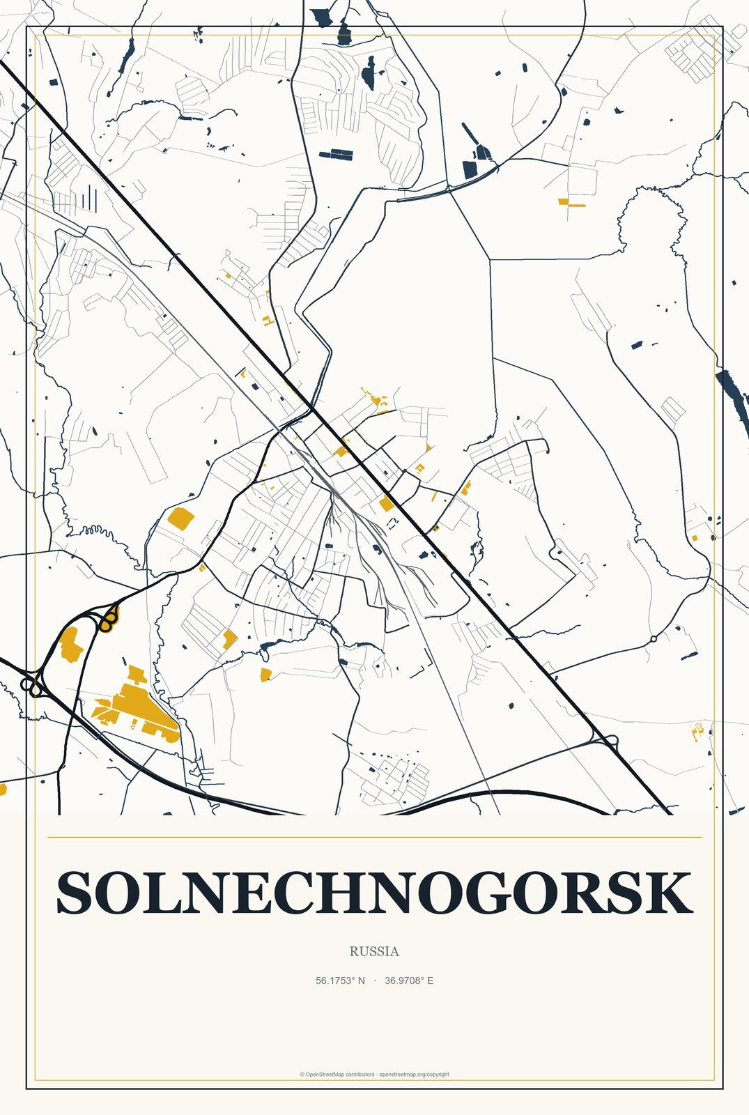Solnechnogorsk, Russia City Map Aluminum Sign in Citrine Modern style