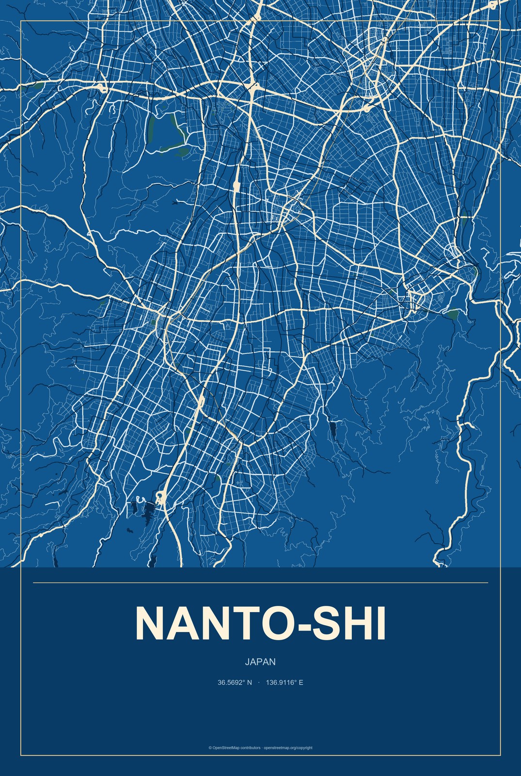 Nanto-shi, Japan City Map Aluminum Sign in Harbor Cobalt style