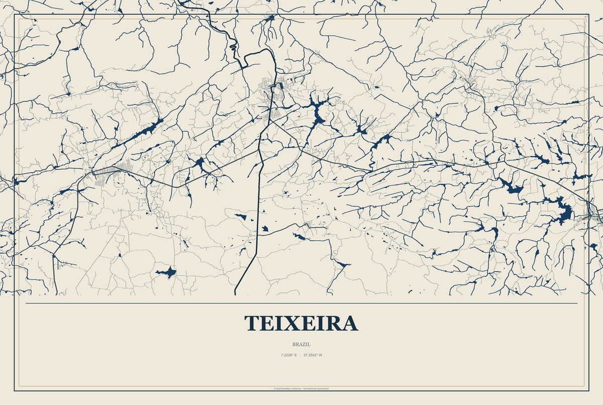 Teixeira, Brazil City Map Aluminum Sign in Coastal Cutout style