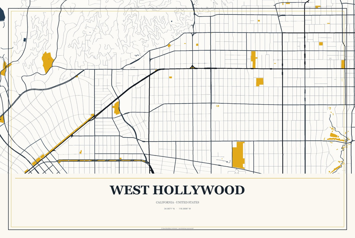 West Hollywood, California City Map Aluminum Sign in Citrine Modern style