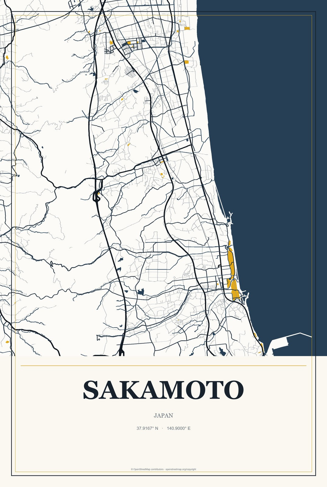 Sakamoto, Japan City Map Aluminum Sign in Citrine Modern style