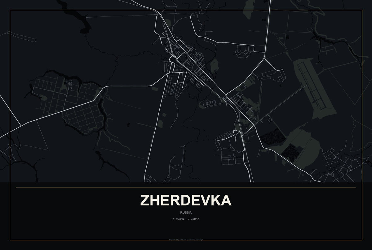 Zherdevka, Russia City Map Aluminum Sign in Metropolitan Noir style