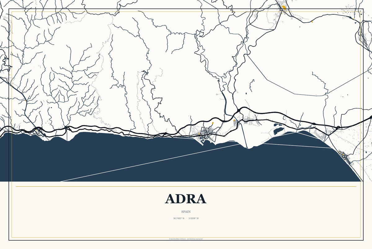 Adra, Spain City Map Aluminum Sign in Citrine Modern style