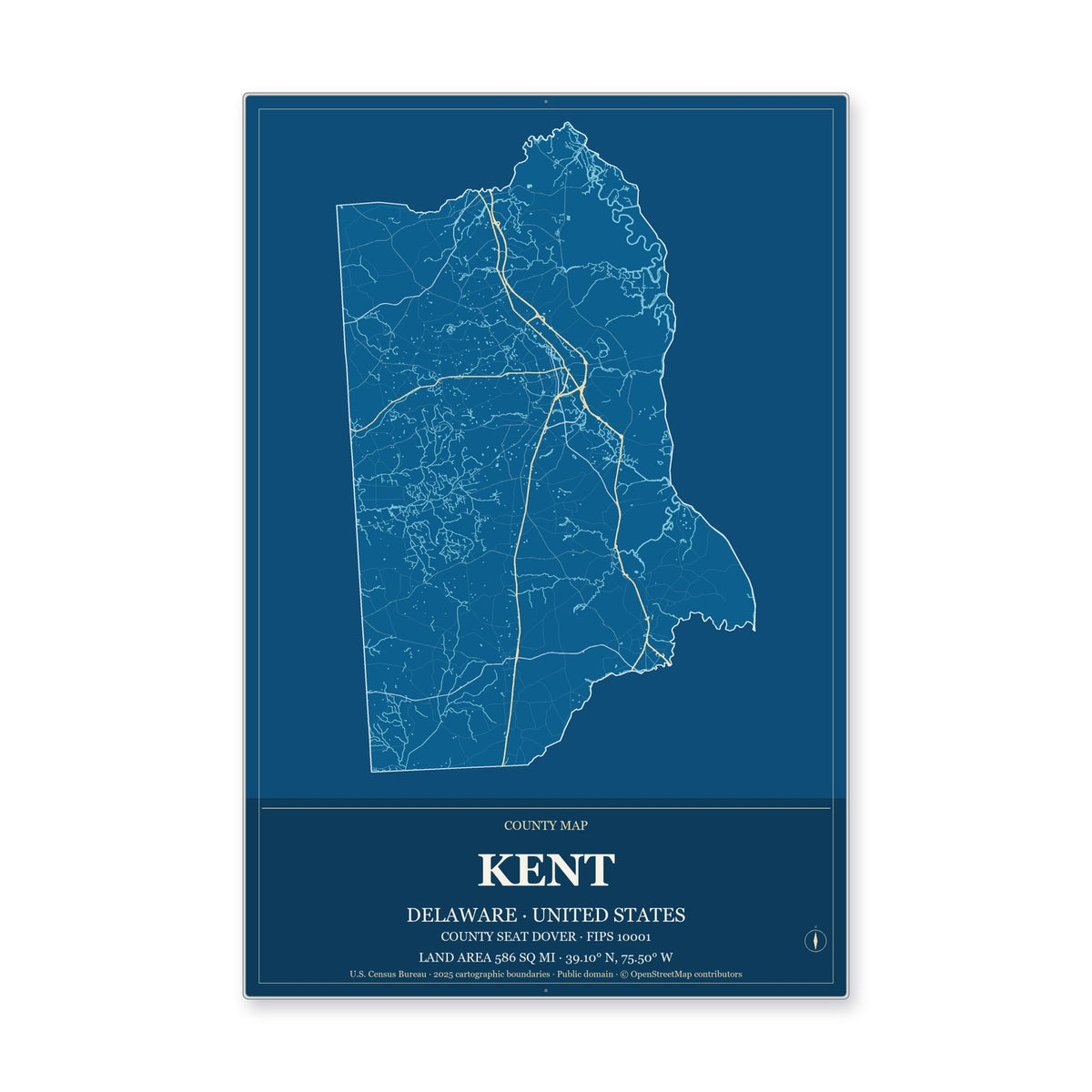 Kent County, Delaware Map Aluminum Sign in Harbor Cobalt style