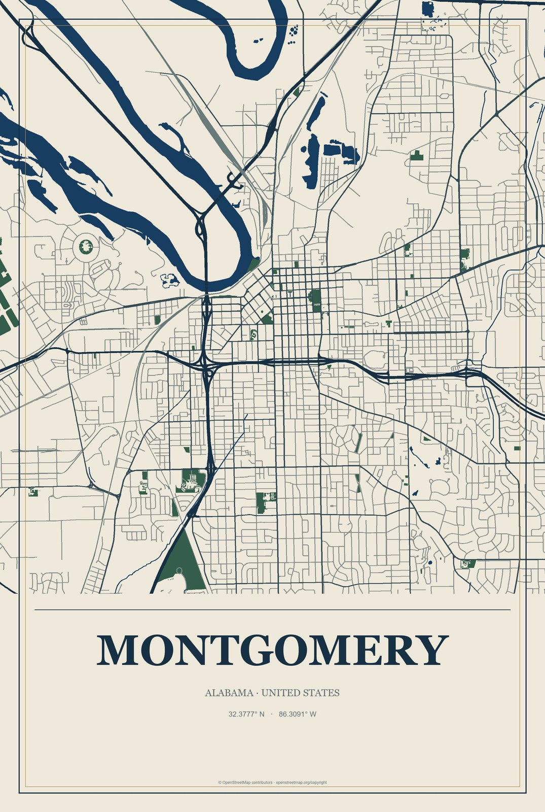 Montgomery, Alabama City Map Aluminum Sign in Coastal Cutout style