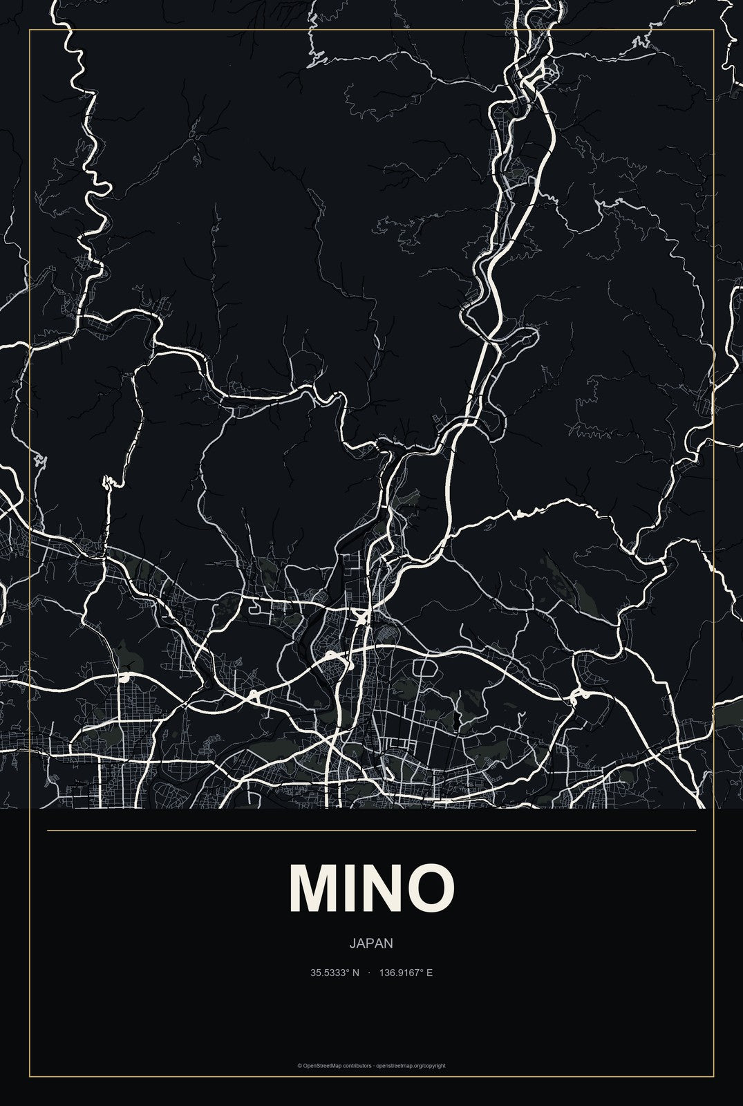 Mino, Japan City Map Aluminum Sign in Metropolitan Noir style