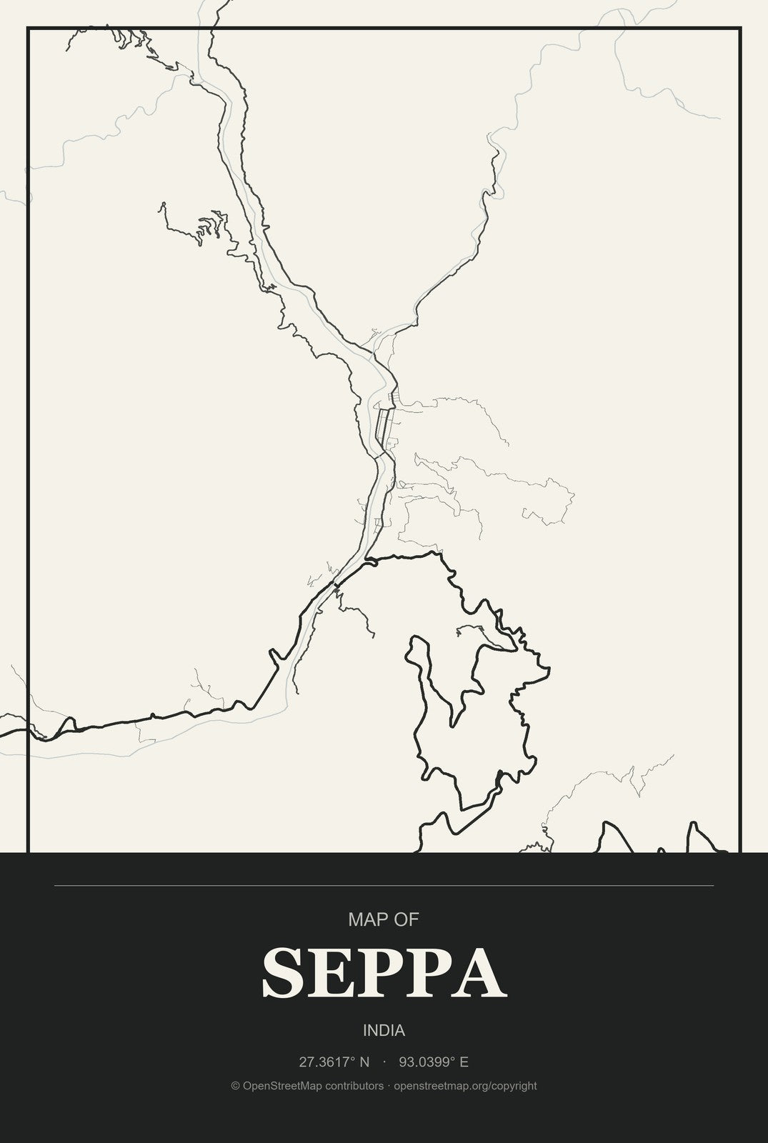 Seppa, India City Map Aluminum Sign in Museum Plaque style