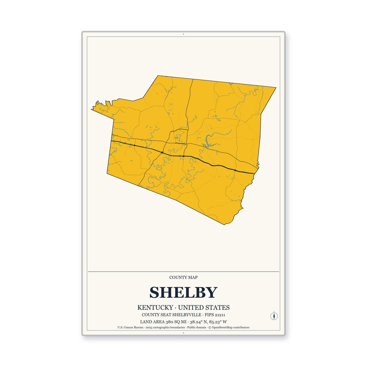 Shelby County, Kentucky Map Aluminum Sign in Citrine Modern style