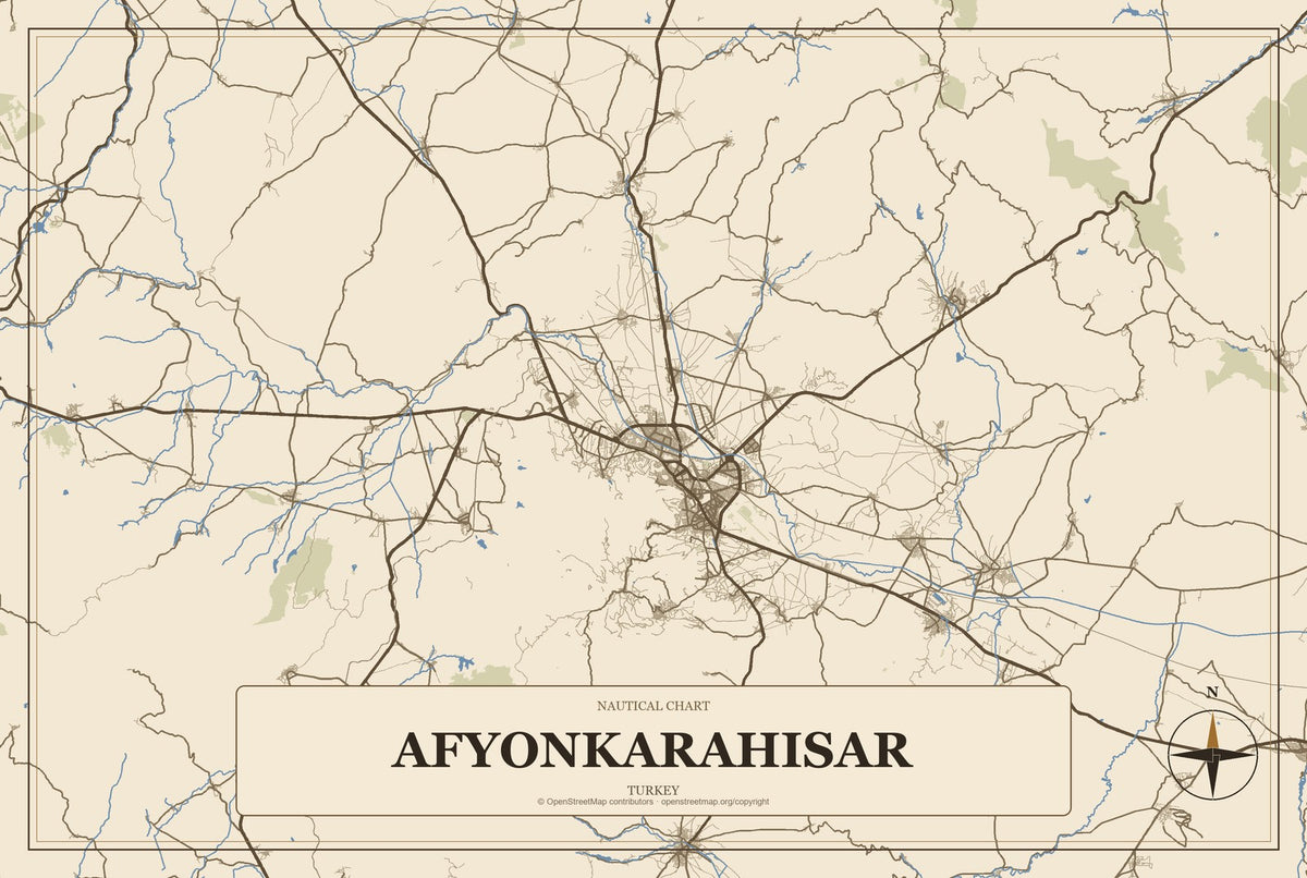 Afyonkarahisar, Turkey City Map Aluminum Sign in Heritage Nautical style