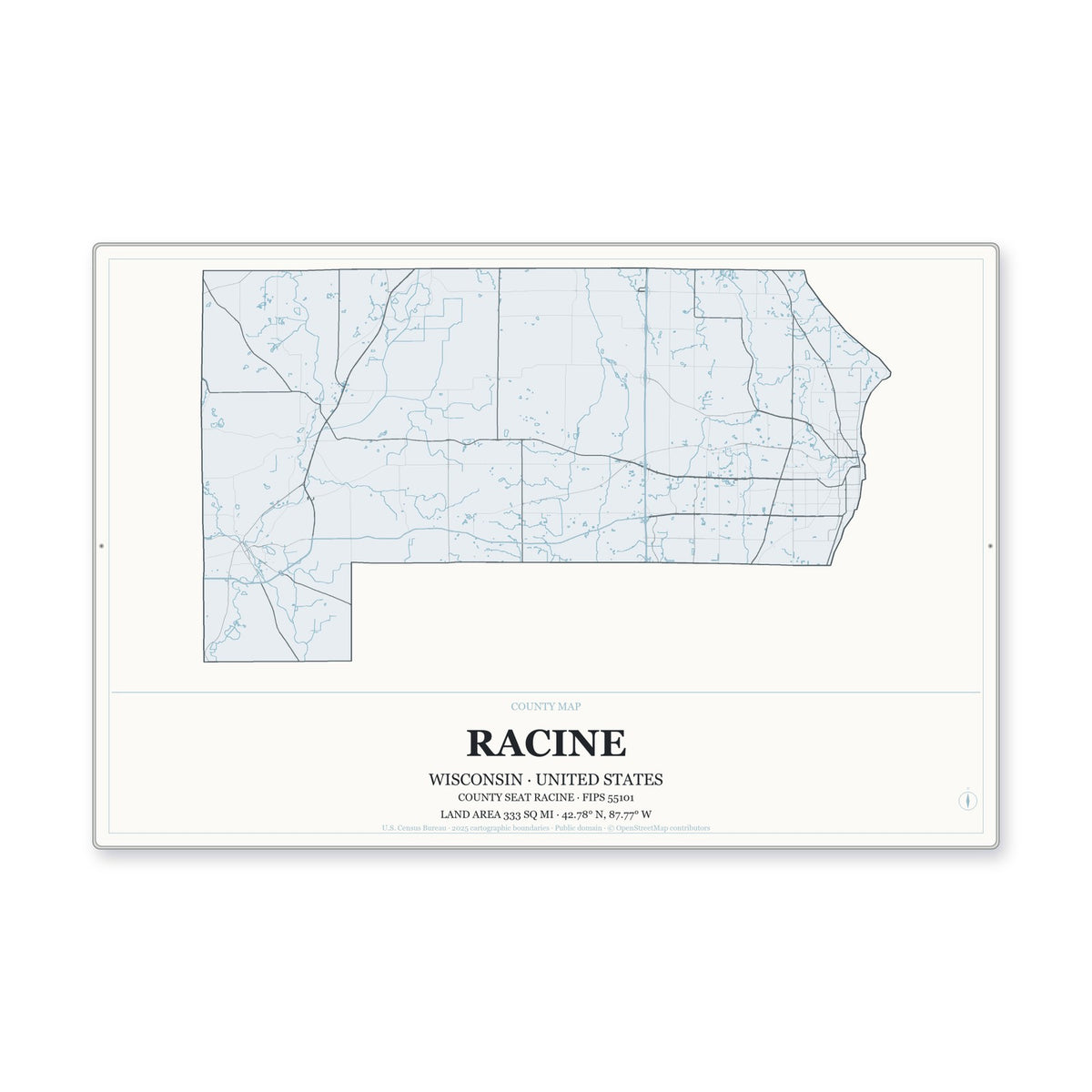 Racine County, Wisconsin Map Aluminum Sign in Gallery Air style