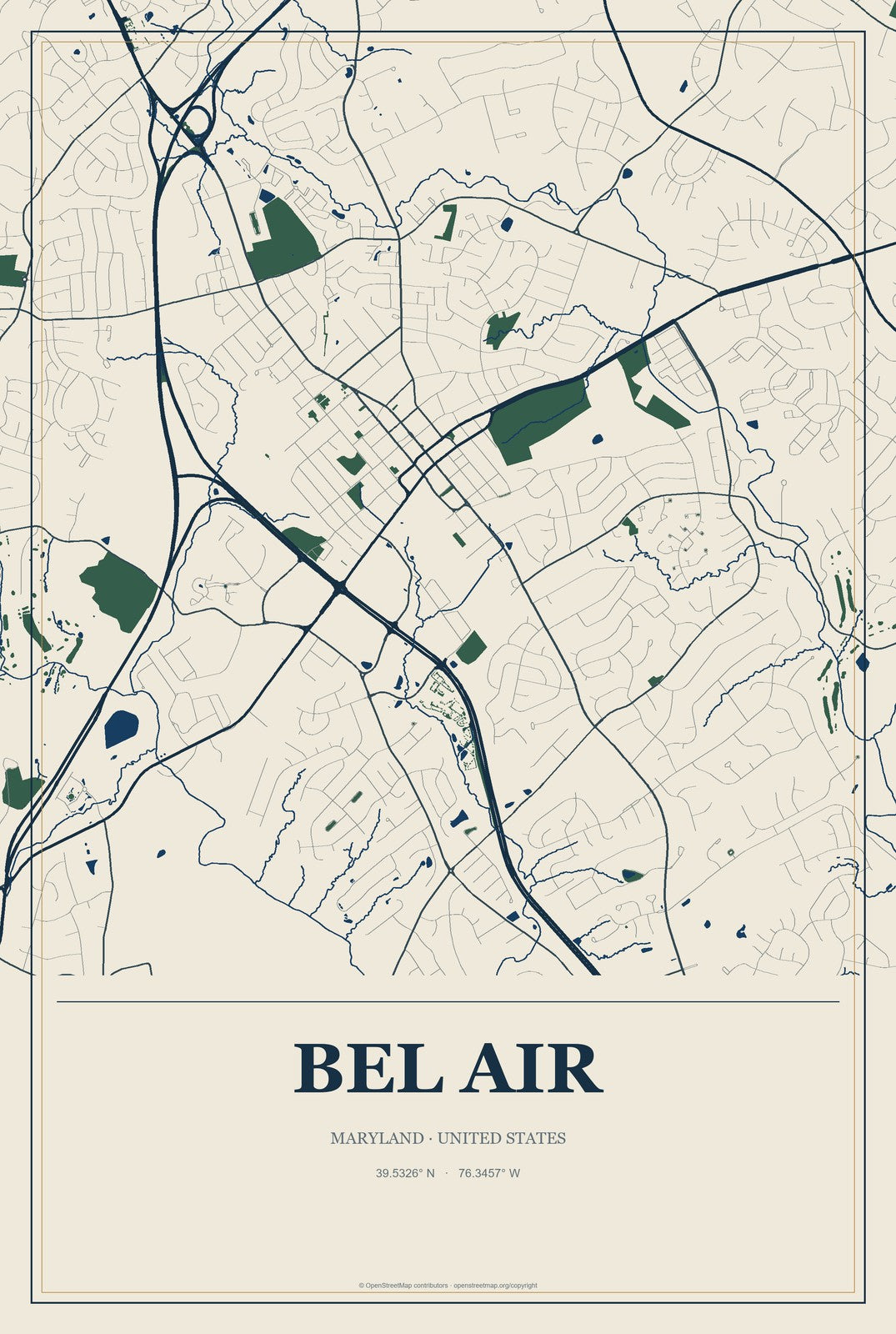 Bel Air, Maryland City Map Aluminum Sign in Coastal Cutout style