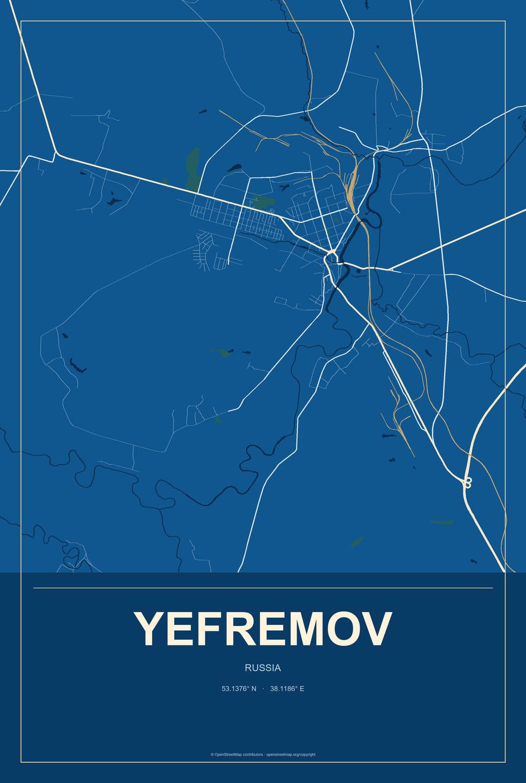 Yefremov, Russia City Map Aluminum Sign in Harbor Cobalt style
