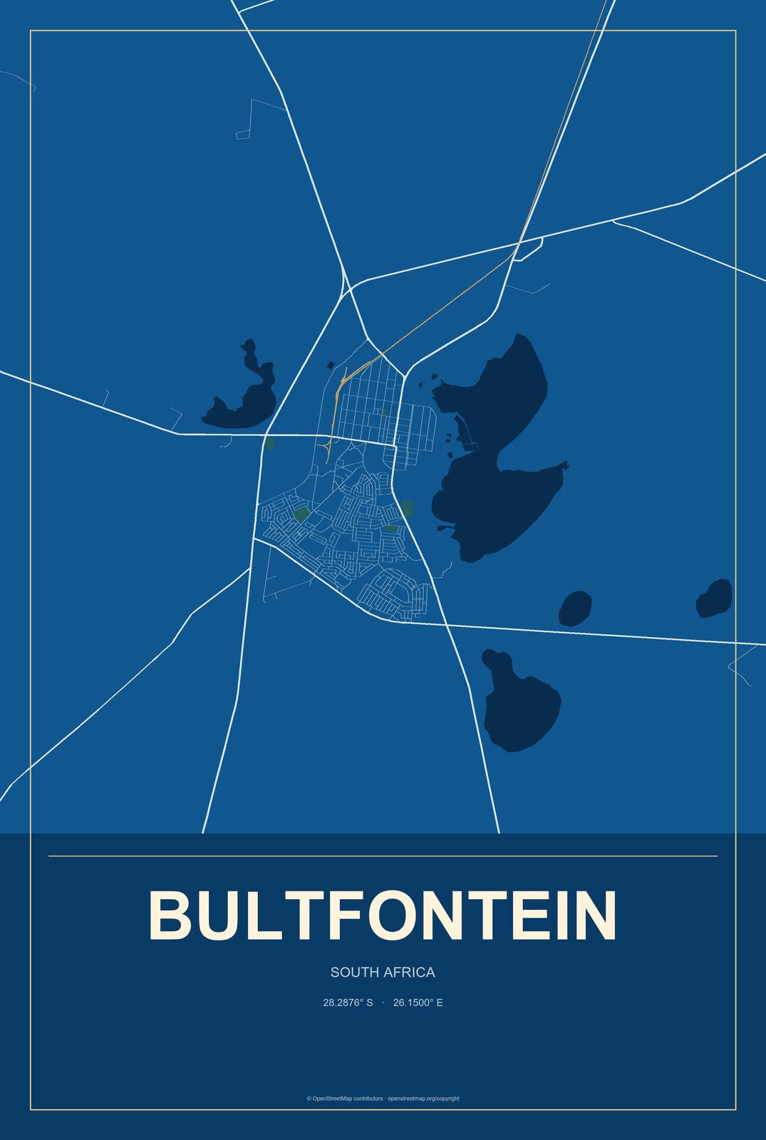Bultfontein, South Africa City Map Aluminum Sign in Harbor Cobalt style
