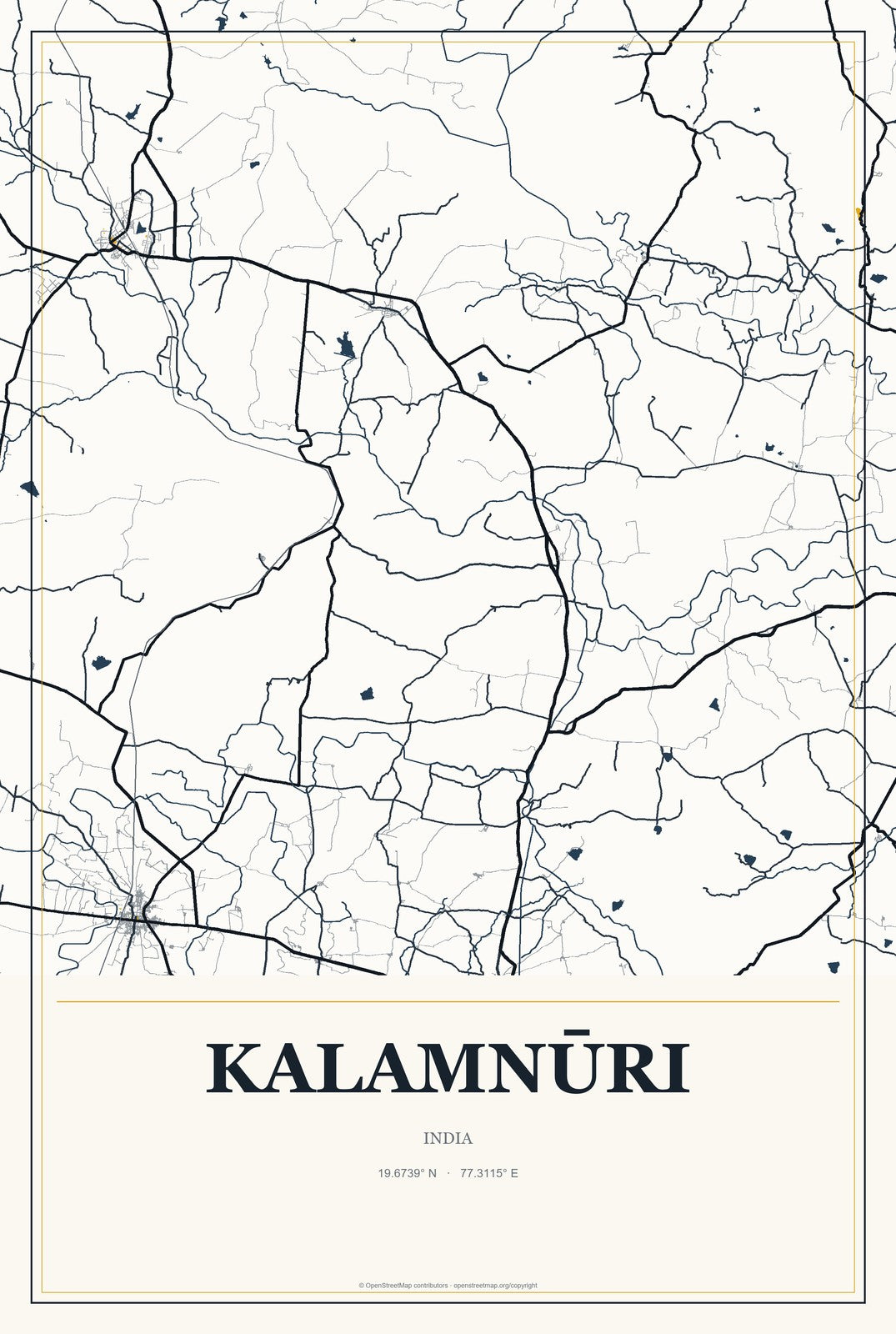 Kalamnūri, India City Map Aluminum Sign in Citrine Modern style