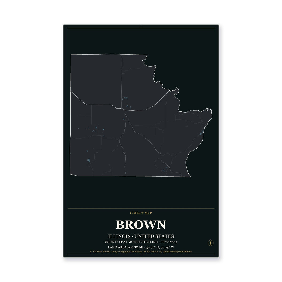 Brown County, Illinois Map Aluminum Sign in Metropolitan Noir style