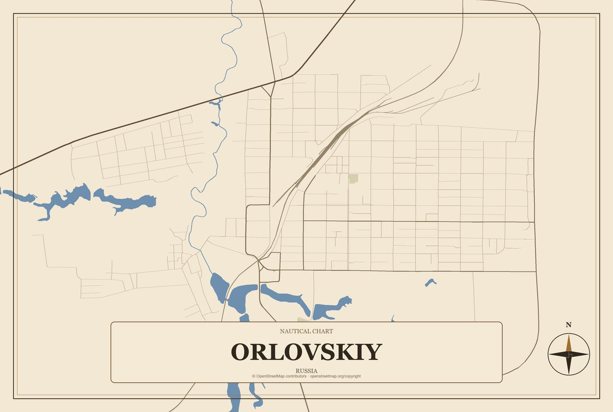 Orlovskiy, Russia City Map Aluminum Sign in Heritage Nautical style