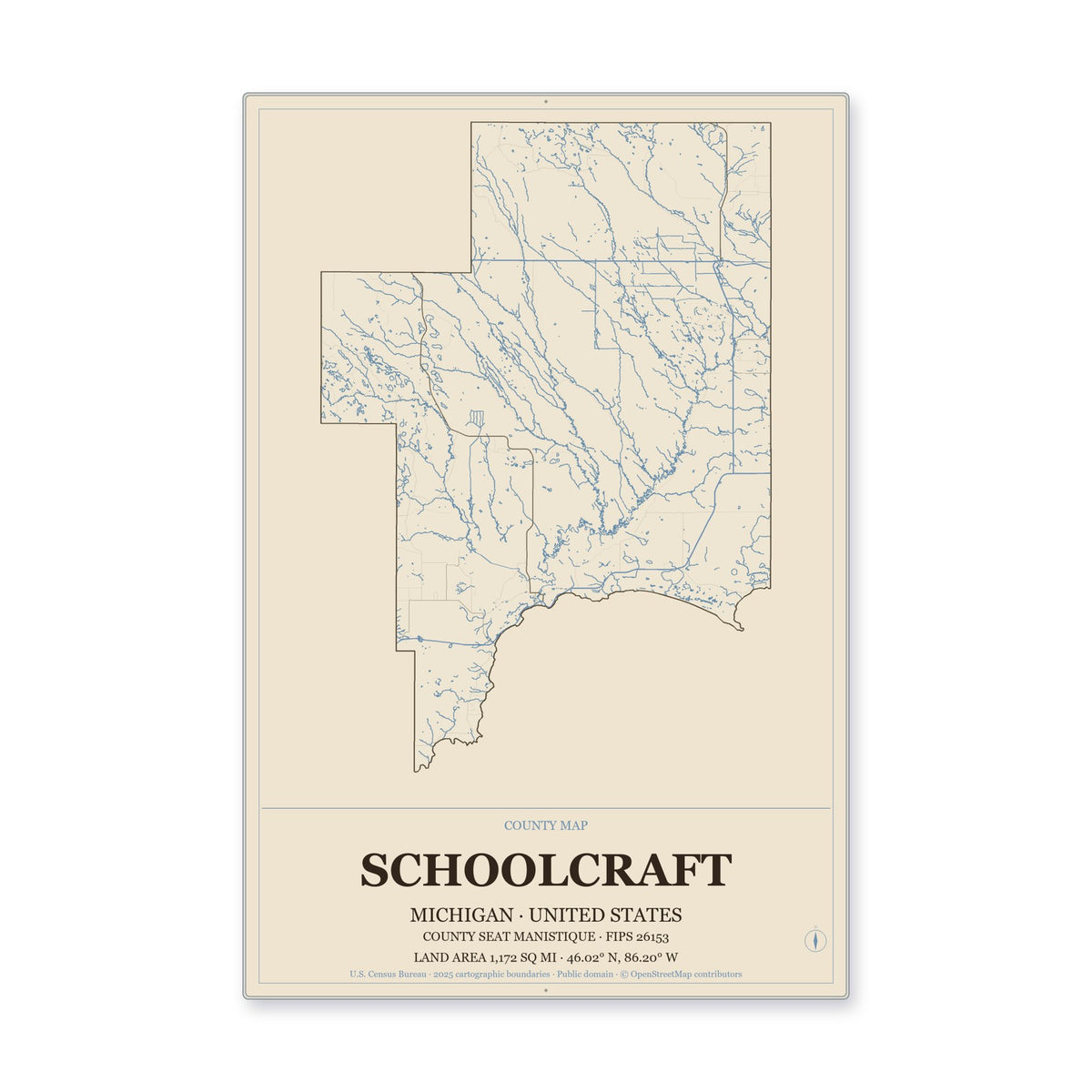 Schoolcraft County, Michigan Map Aluminum Sign in Heritage Nautical style