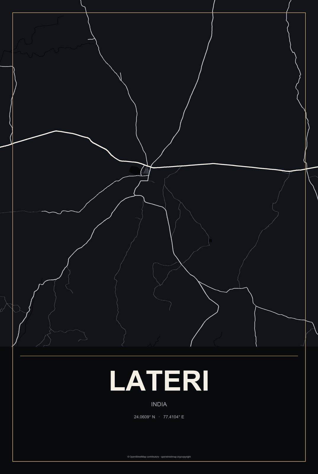 Lateri, India City Map Aluminum Sign in Metropolitan Noir style
