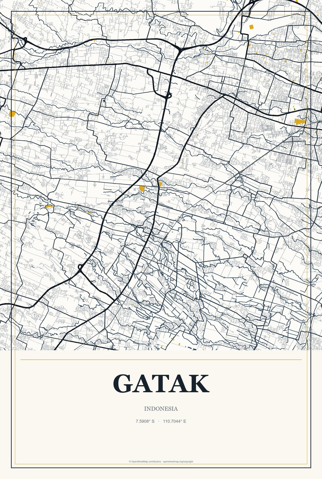 Gatak, Indonesia City Map Aluminum Sign in Citrine Modern style