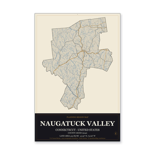 Naugatuck Valley Planning Region, Connecticut Map Aluminum Sign in Museum Plaque style