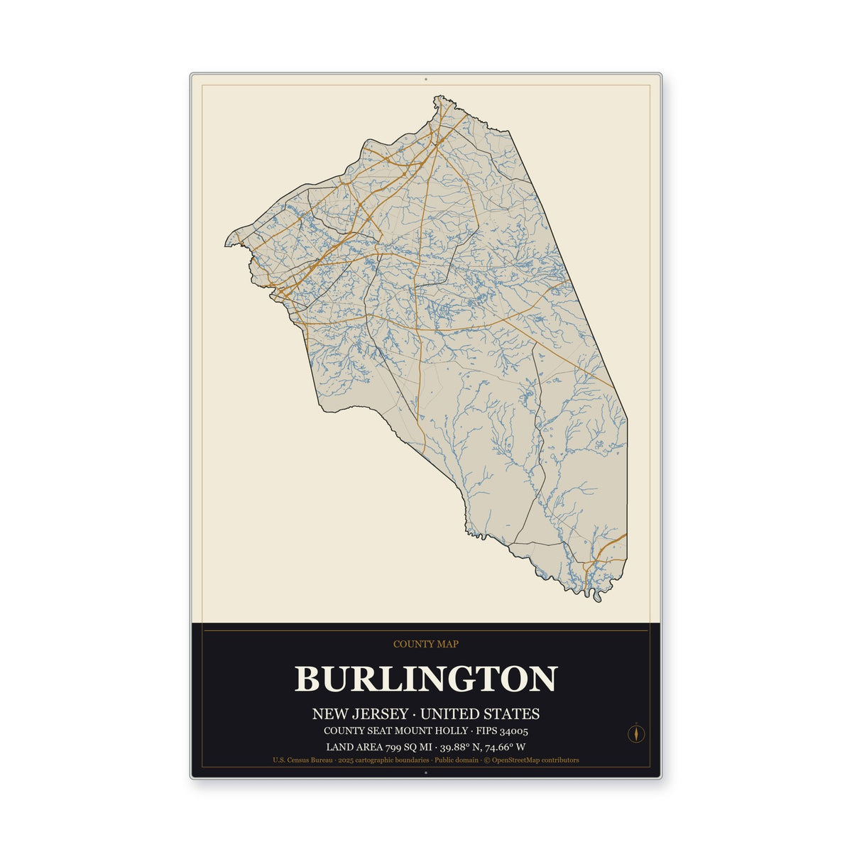 Burlington County, New Jersey Map Aluminum Sign in Museum Plaque style