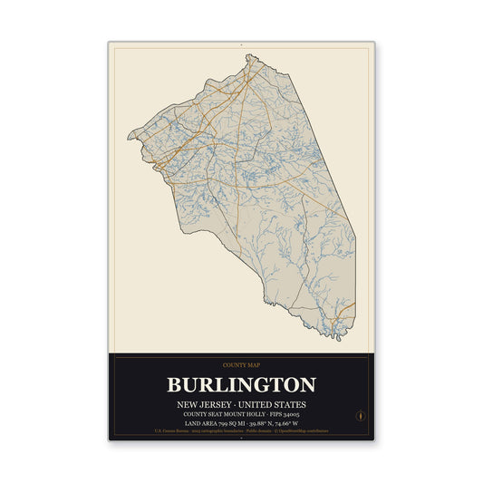 Burlington County, New Jersey Map Aluminum Sign in Museum Plaque style