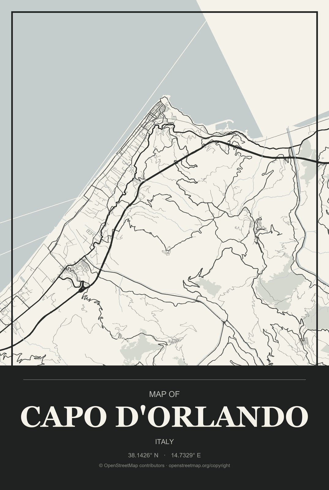 Capo d'Orlando, Italy City Map Aluminum Sign in Museum Plaque style