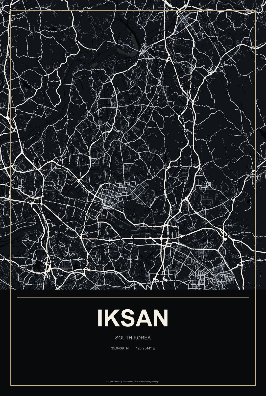 Iksan, South Korea City Map Aluminum Sign in Metropolitan Noir style