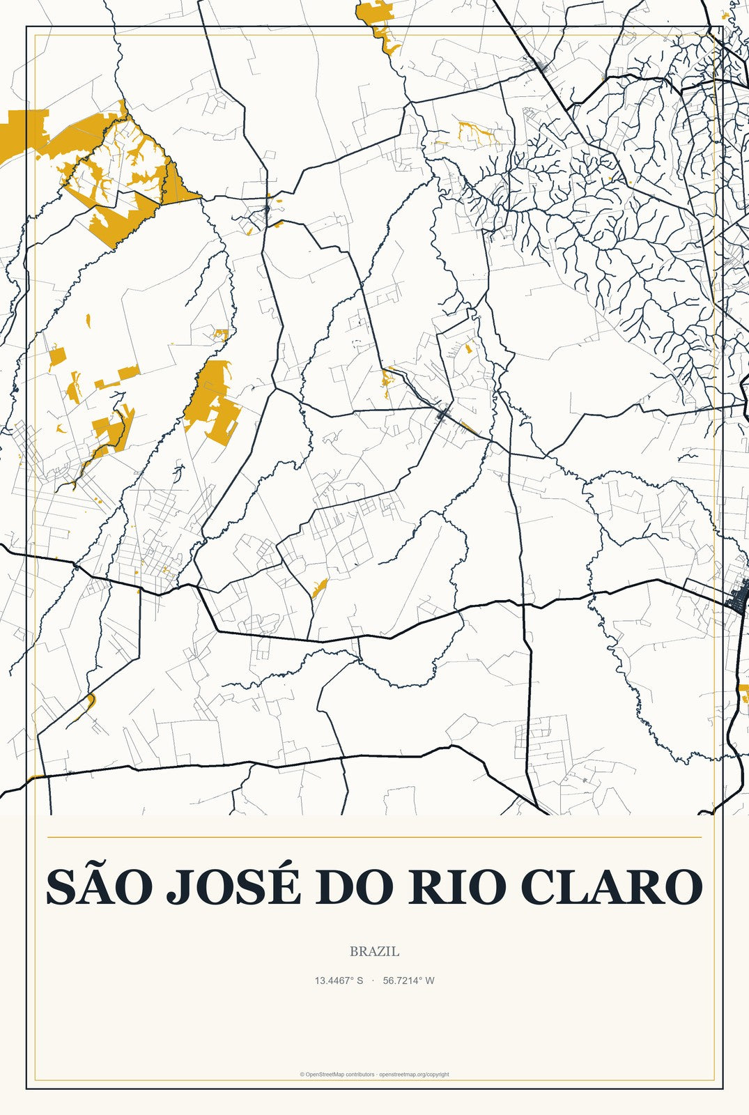 São José do Rio Claro, Brazil City Map Aluminum Sign in Citrine Modern style