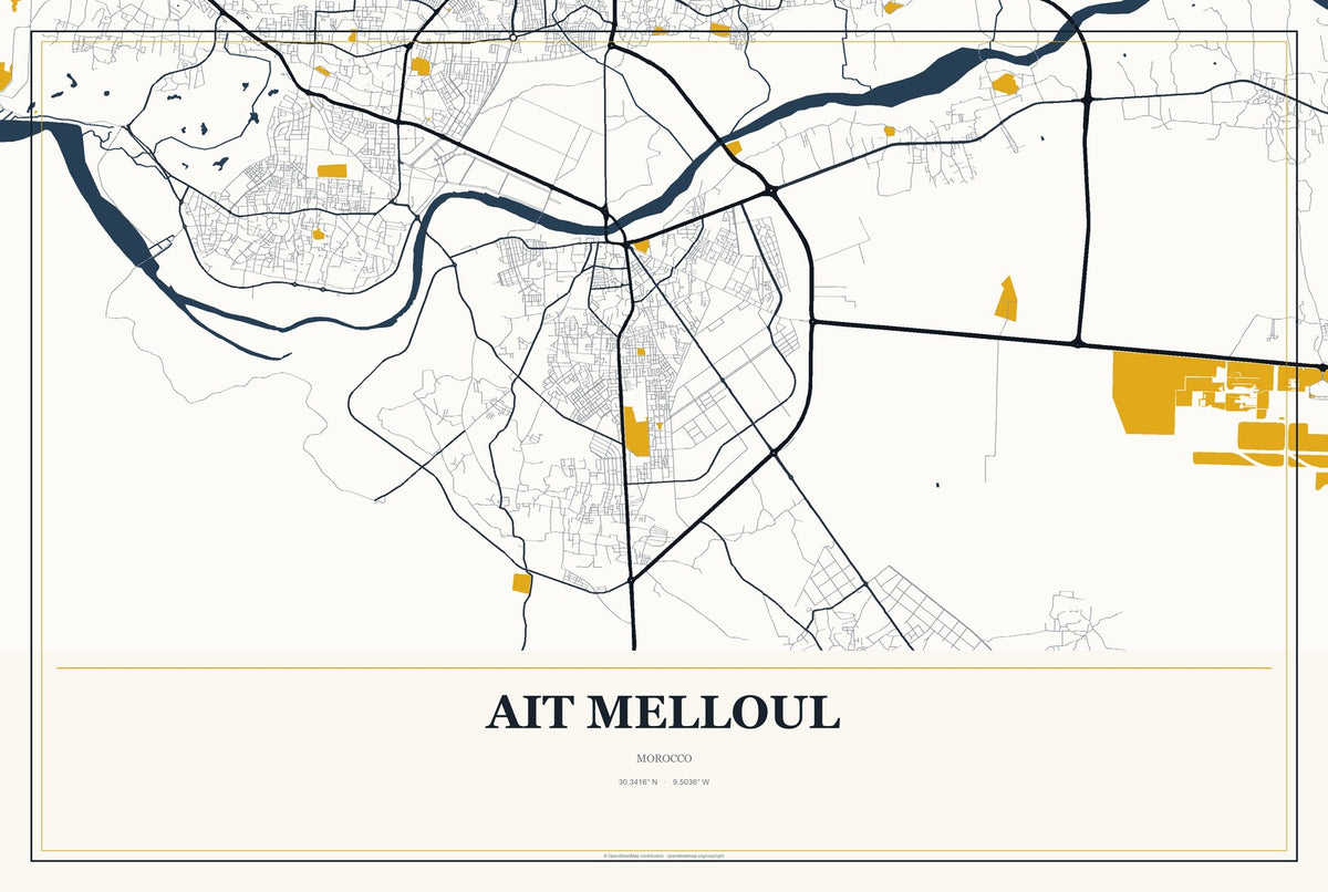 Ait Melloul, Morocco City Map Aluminum Sign in Citrine Modern style