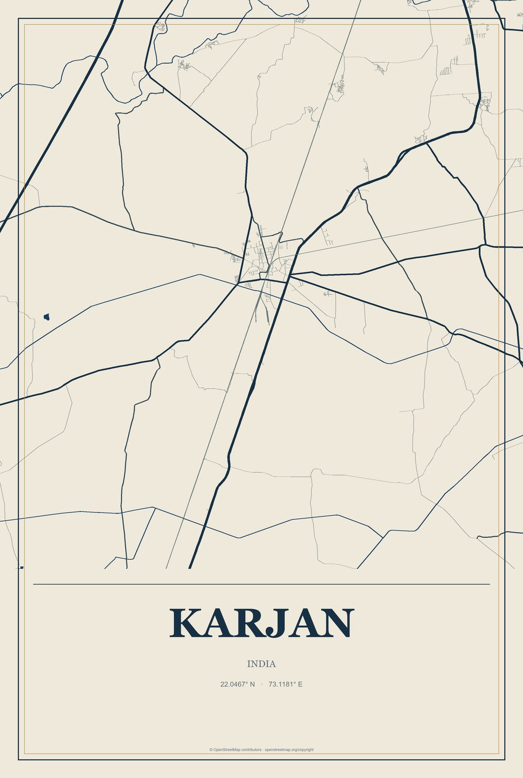 Karjan, India City Map Aluminum Sign in Coastal Cutout style